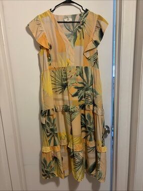entro Yellow Tropical Print Tiered Sundress LARGE